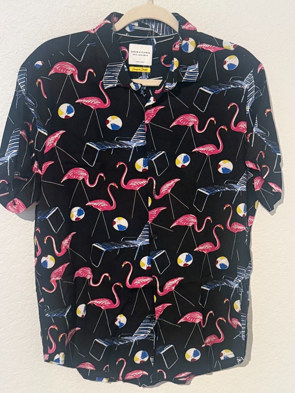 Denim and Flower Mens Ricky Singh Beachy Flamingo Viscose Button Up Shirt Medium
